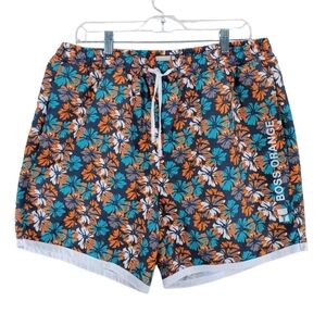 Hugo Boss Orange Shorts Swim Trunks Mens XL Gray Blue Floral Drawstring Unlined